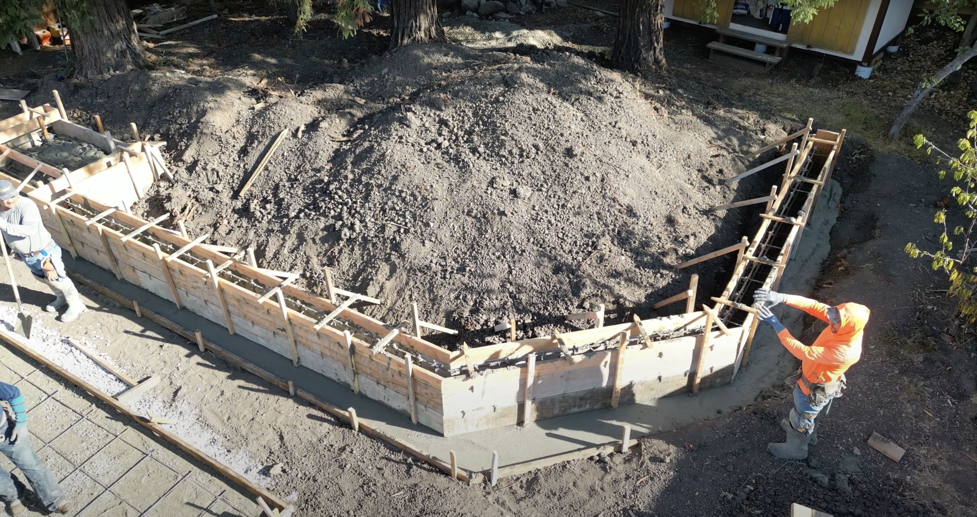 Foundation concrete forms and rebar preparation for residential construction